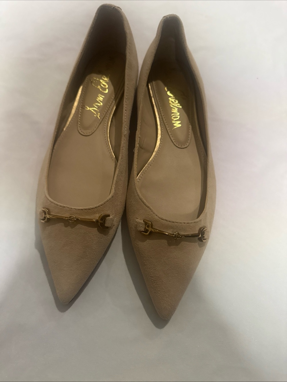 Sam Edelman Pointed Toe Beige Suede Flats with Gold Bit New